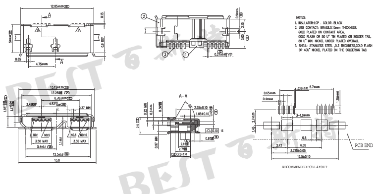 USB插座USB-MC-001-08全貼參考圖紙 USB插座USB-MC-001-08全貼參考圖紙