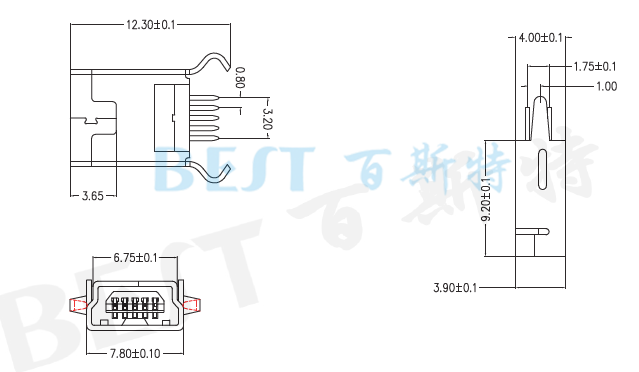 USB插座USB-4T-05參考圖紙  USB插座USB-4T-05參考圖紙