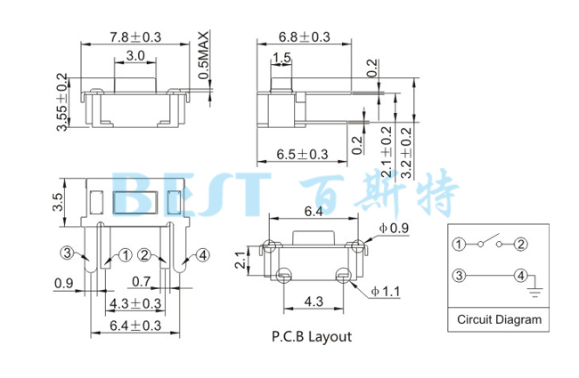 輕觸開關(guān)TS-1188A參考圖紙  輕觸開關(guān)TS-1188A參考圖紙