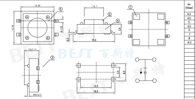 貼片輕觸開關1103_TS-1103W_參考圖紙 貼片輕觸開關1103_TS-1103W_參考圖紙