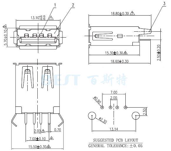 USB插座USB-A-08_參考圖紙 USB插座USB-A-08_參考圖紙
