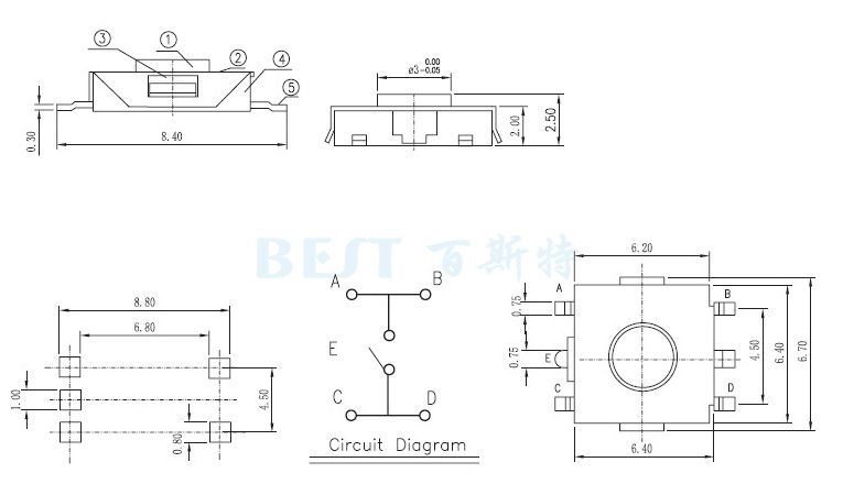 輕觸開關(guān)TS-1157_參考圖紙 輕觸開關(guān)TS-1157_參考圖紙