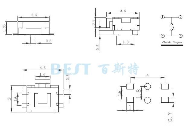 輕觸開關(guān)TS-1186E參考圖紙 輕觸開關(guān)TS-1186E參考圖紙